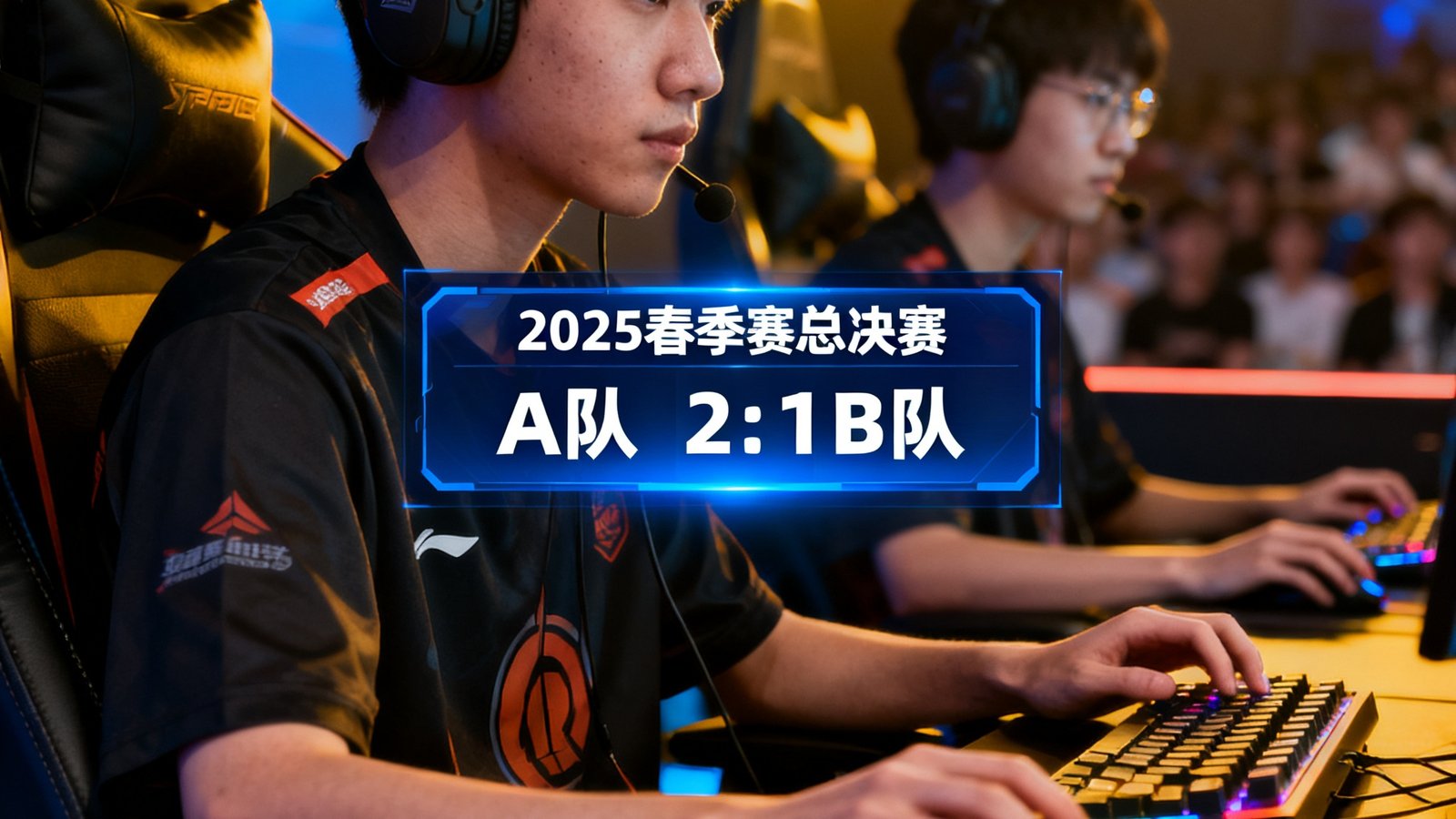 2025春季赛总决赛现场照片，战队队员正在专注比赛，大屏幕显示比分