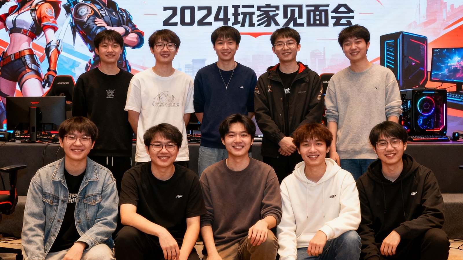 亿万28团队在2024年玩家见面会上的合影，背后是电竞主题背景板，大家笑容满面