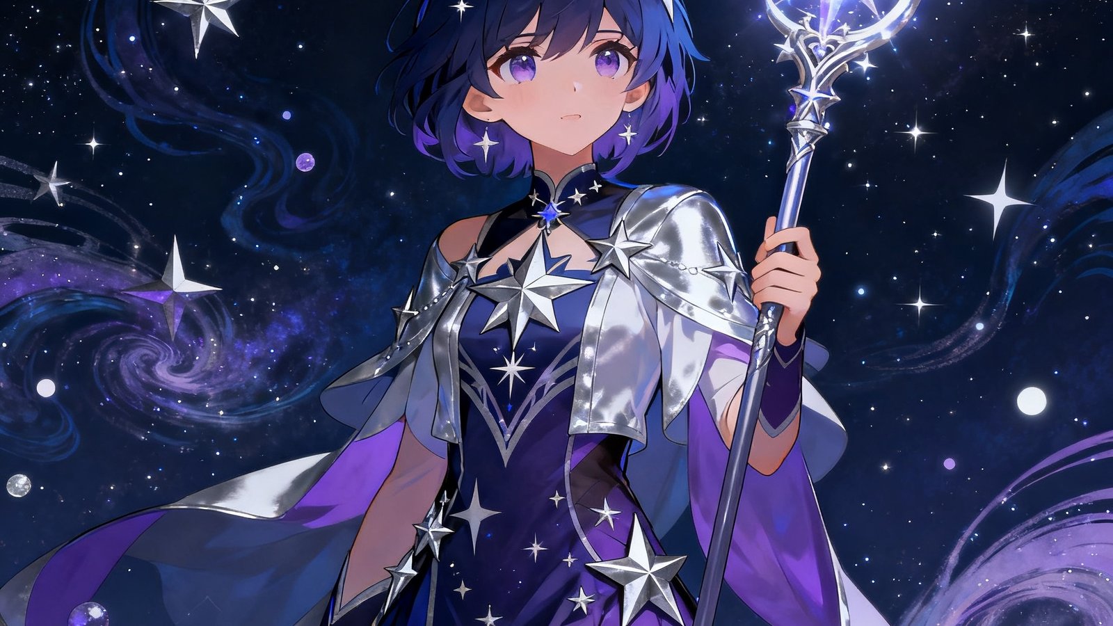 亿万28二次元壁纸：角色「星灵」同人插画，背景星空